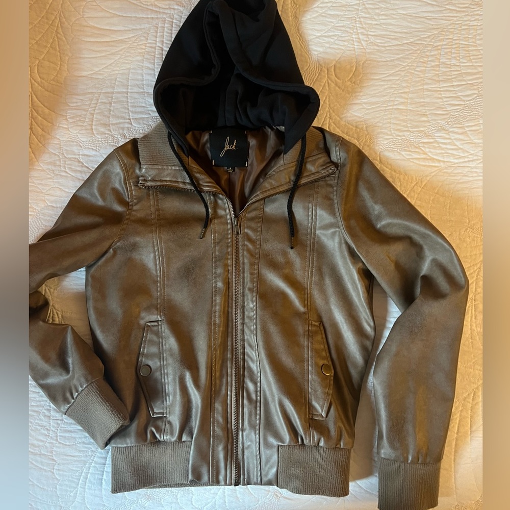 Faux leather light tan jacket with black hood. Bomber style.